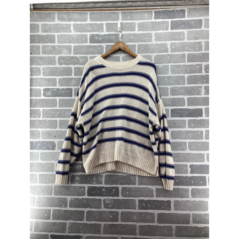 American Eagle Womens XL Oversized Striped Knit Sweater Cream Navy Blue Crewneck